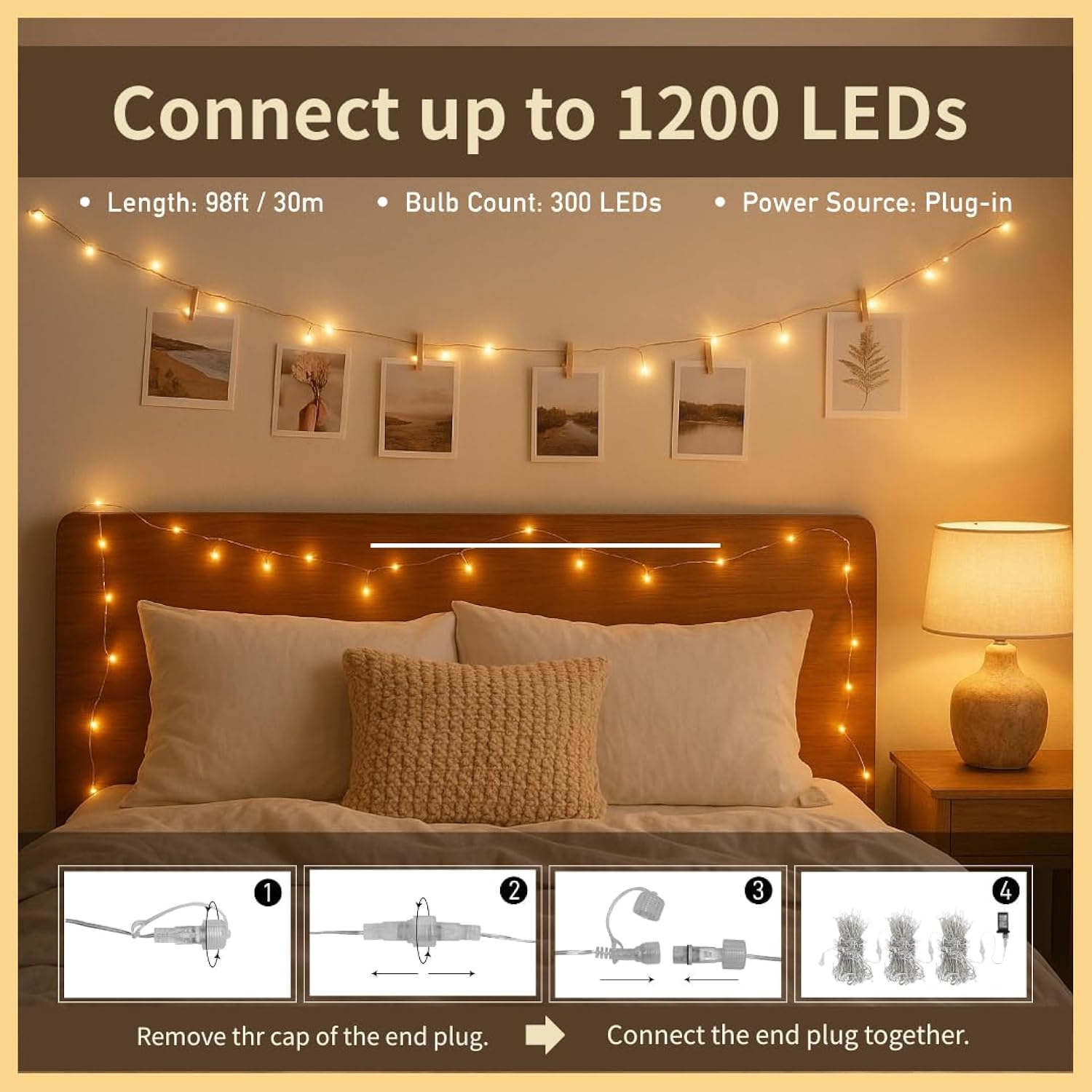98 Ft 300 Led Outdoor Fairy Lights Plug In Connectable Clear Wire With Remote Control, Waterproof String Lights With Tim