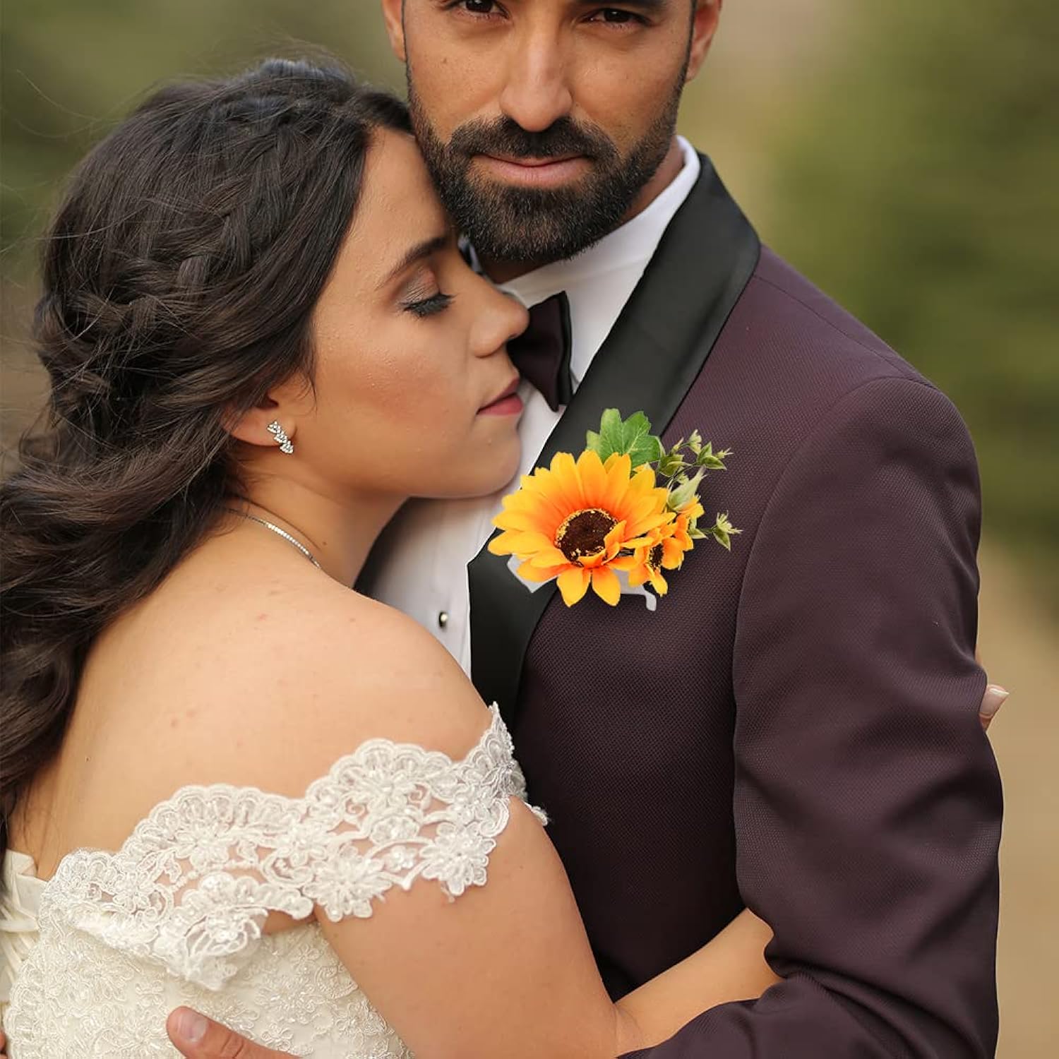 Artificial Sunflower Boutonniere, Bride And Groom Sunflower Wrist Corsage Set For Formal Parties And Weddings (1Pcs Bride Wrist Flower And 1Pcs Groom Corsage)