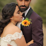 Artificial Sunflower Boutonniere, Bride And Groom Sunflower Wrist Corsage Set For Formal Parties And Weddings (1Pcs Bride Wrist Flower And 1Pcs Groom Corsage)