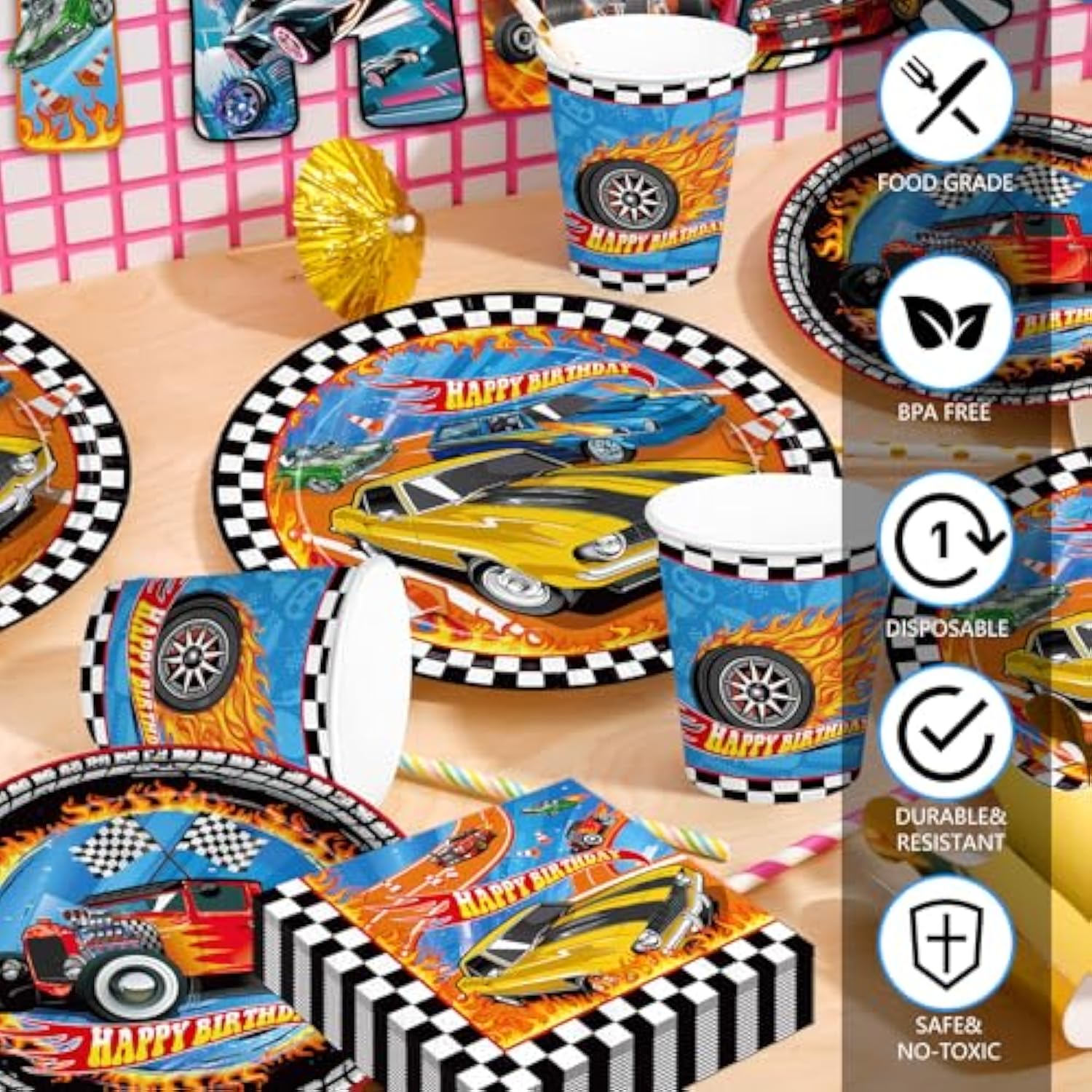 194Pcs Hot Car Birthday Party Decorations Race Car Plates Napkins Banner Tablecloth Disposable Parper Cups Straws Tableware Set Party Supplies For Kids Boys Birthday Decor 24 Guests