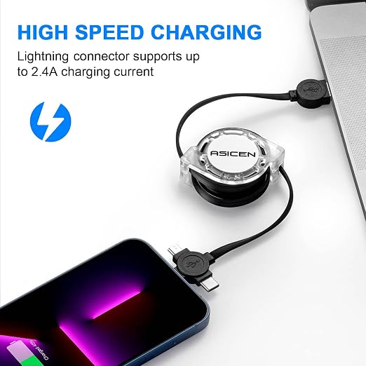 3 in 1 Retractable Charging Cable 2 Pack 3.3ft USB C Lightning Micro USB Fast Charger Cord