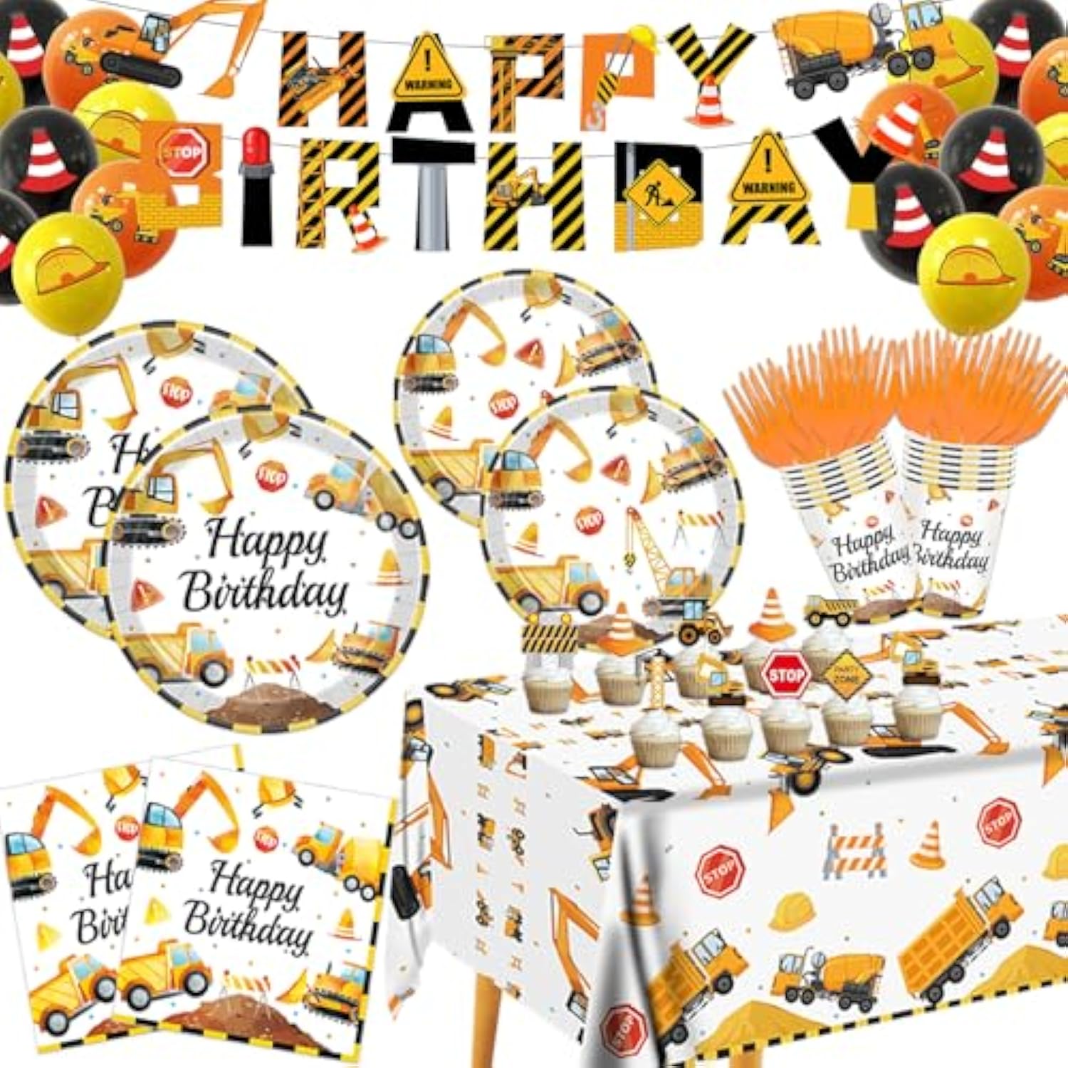Construction Birthday Party Supplies For 24 Guests - Decorations Include Plates, Napkins, Cups, Tablecloth, Cake Toppers For Boys Construction Theme Birthday Party