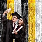 4 Pack 3.2Ft X 6.6Ft Black Gold Silver Fringe Curtain Backdrop, Metallic Tinsel Foil Fringe Streamers Curtains Background For Wedding Notorious One Birthday Roaring 20S Graduation Party Decoration