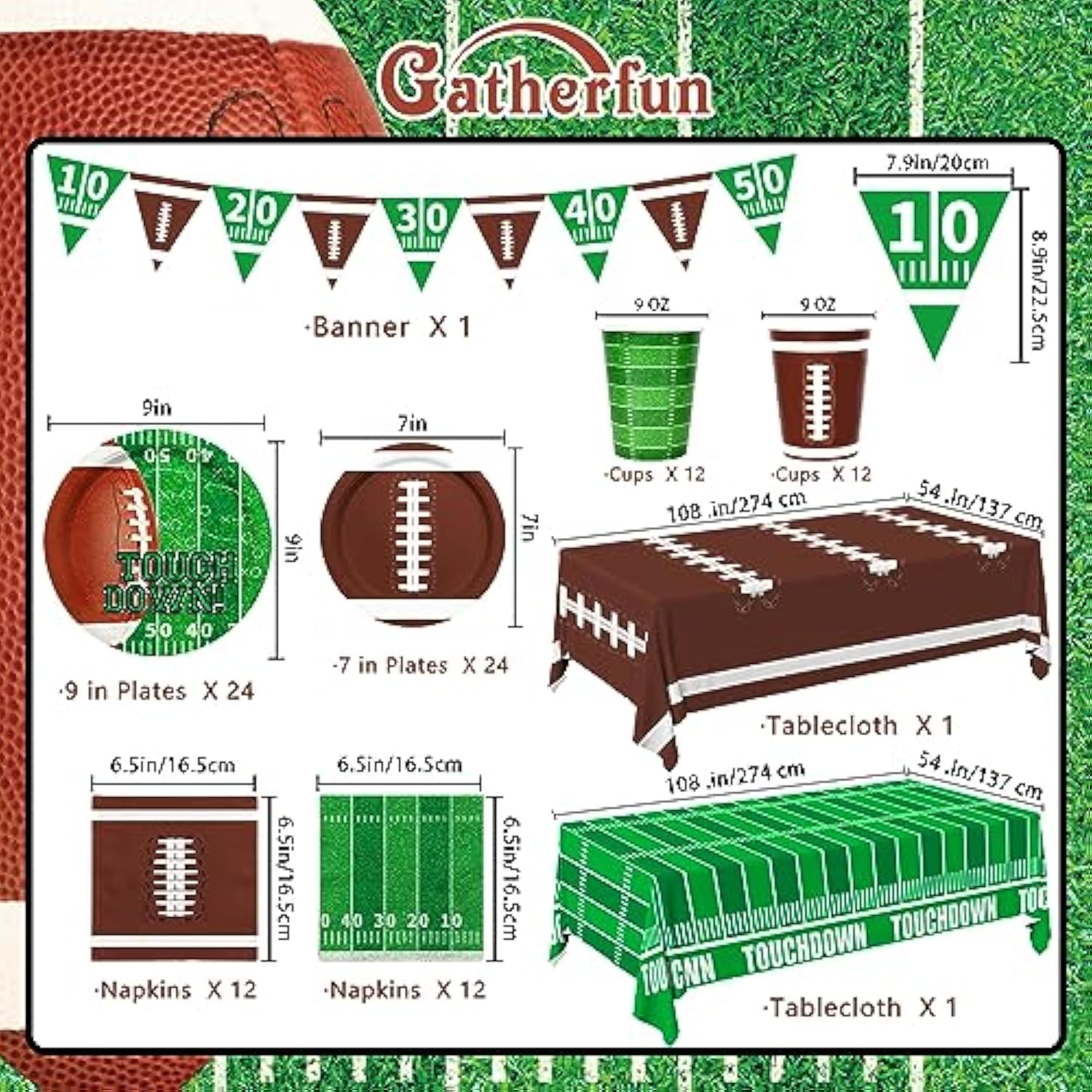 Football Party Supplies Kit Serve 24,Includes Dinner Plates, Dessert Napkins, Cups,Banner And Touchdown Tablecloth For Birthday Gameday Tailgate Decorations, Green (2023053002)
