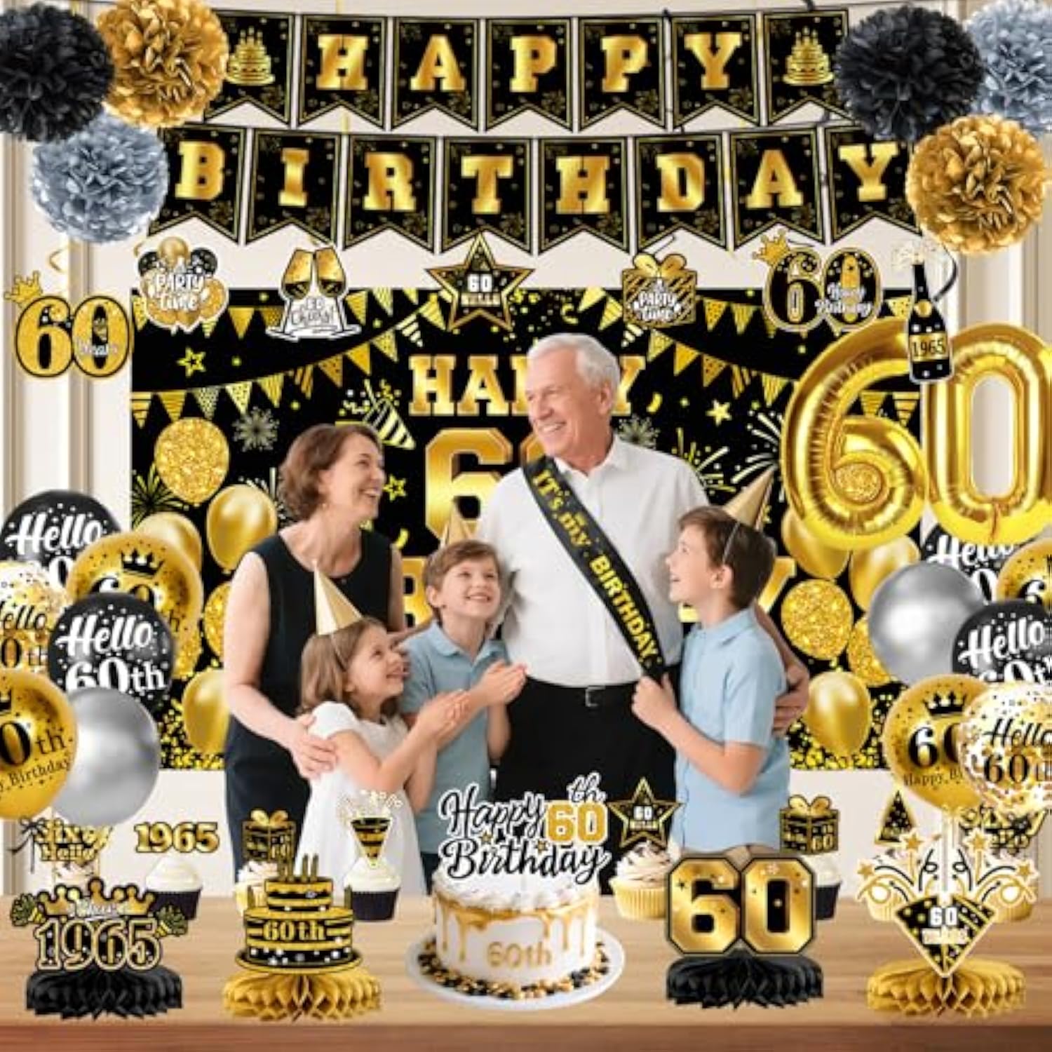58Pcs 60Th Birthday Decorations For Men Women, 60Th Black Gold Party Supplies Backdrop, Honeycomb Centerpieces, Banner, Hanging Swirls, Foil & Latex Balloon, Cake & Cupcake Toppers, Pompons, Sash