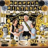 58Pcs 60Th Birthday Decorations For Men Women, 60Th Black Gold Party Supplies Backdrop, Honeycomb Centerpieces, Banner, Hanging Swirls, Foil & Latex Balloon, Cake & Cupcake Toppers, Pompons, Sash