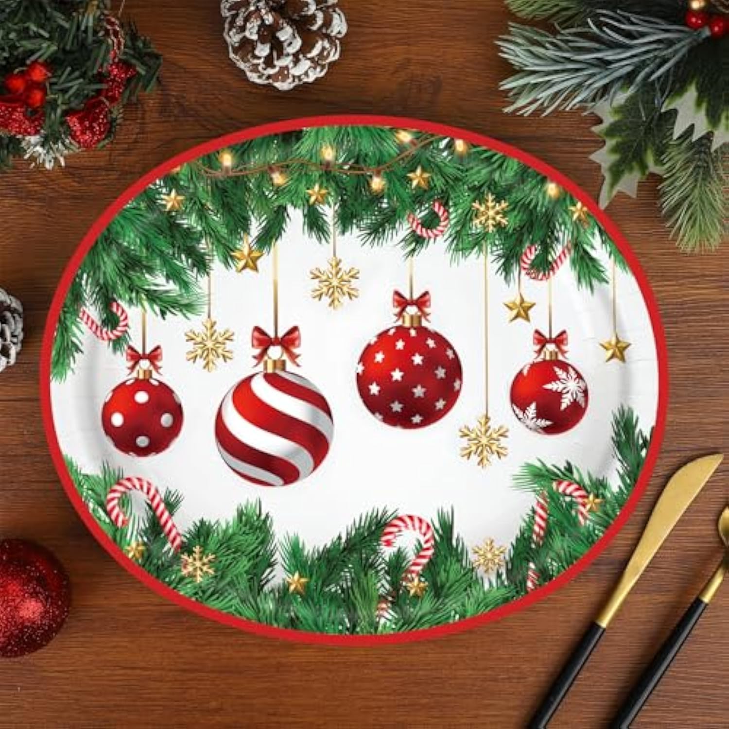 Christmas Paper Platters Disposable Christmas Ball Oval Party Plates 10" X 12" Large Xmas Dinner Serving Platters For Xmas Holiday Party Supplies Dinnerware Table Decorations, 50 Pcs