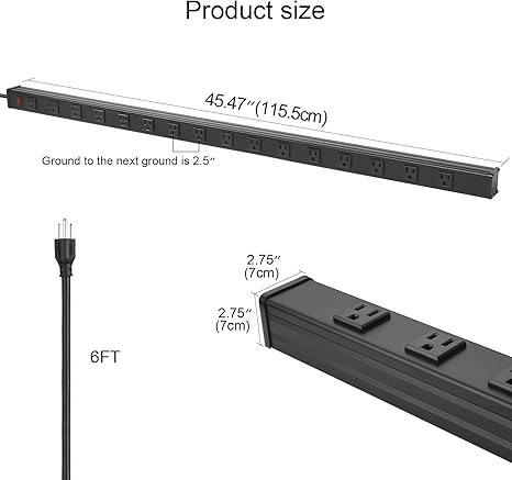 Heavy Duty Metal Power Strip with 16 Outlets 6FT Extension Cord 15A 1875W Wall Mount Black