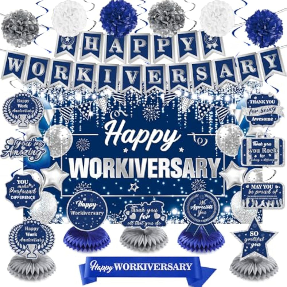 Happy Work Anniversary Decorations Blue Silver Happy Workiversary Banner Honeycomb Centerpieces Hanging Swirls Tissue Paper Pompoms Sash For Office Employee Worker Anniversary Appreciation Supplies