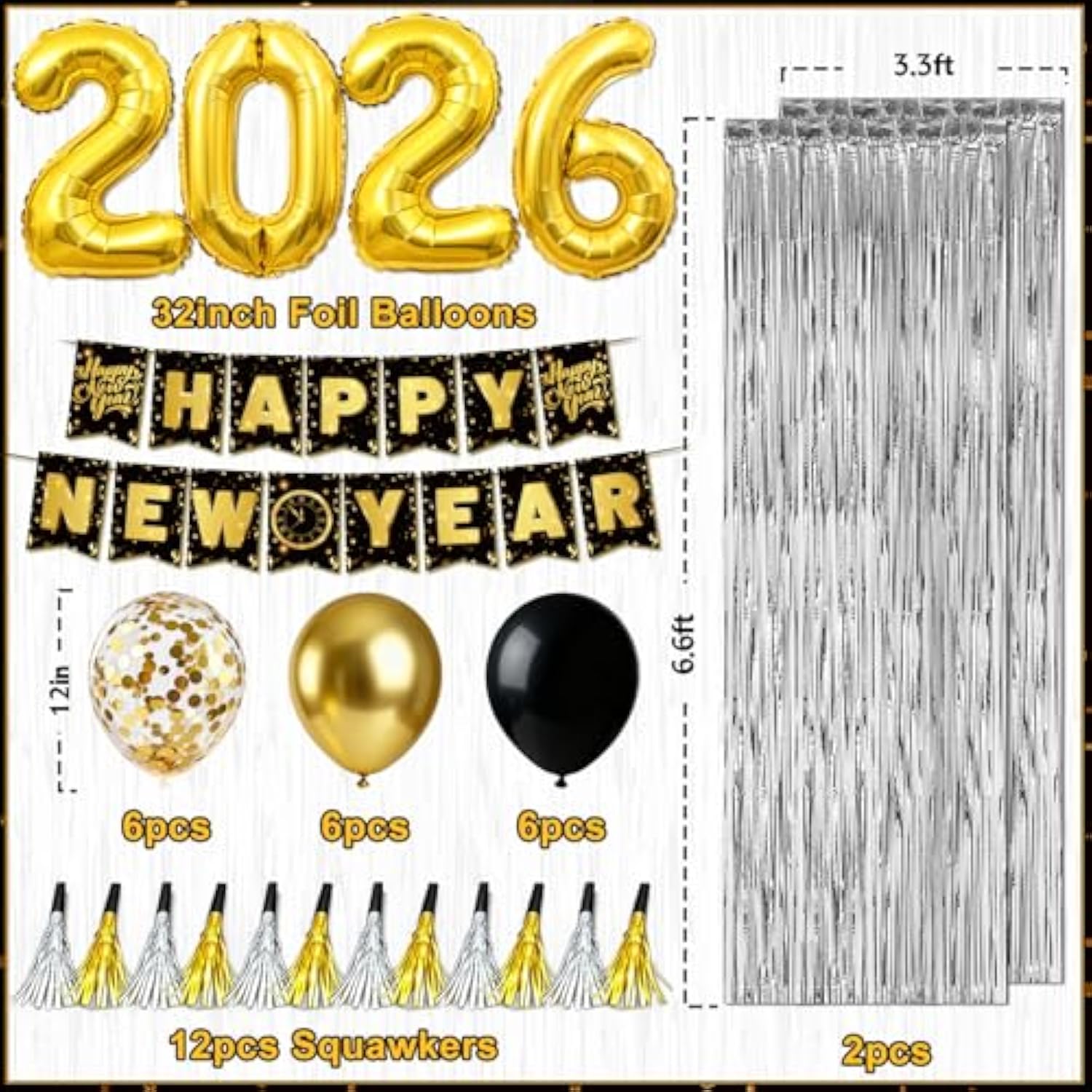 2026 New Year Party Supplies Banner Balloons Hats Glasses Noise Makers