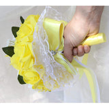 Wedding Bouquet, Big Size Yellow Bridesmaid Foam Roses Artificial Flower Bridal Bouquets With Crystals Soft Ribbons For Wedding Party Church