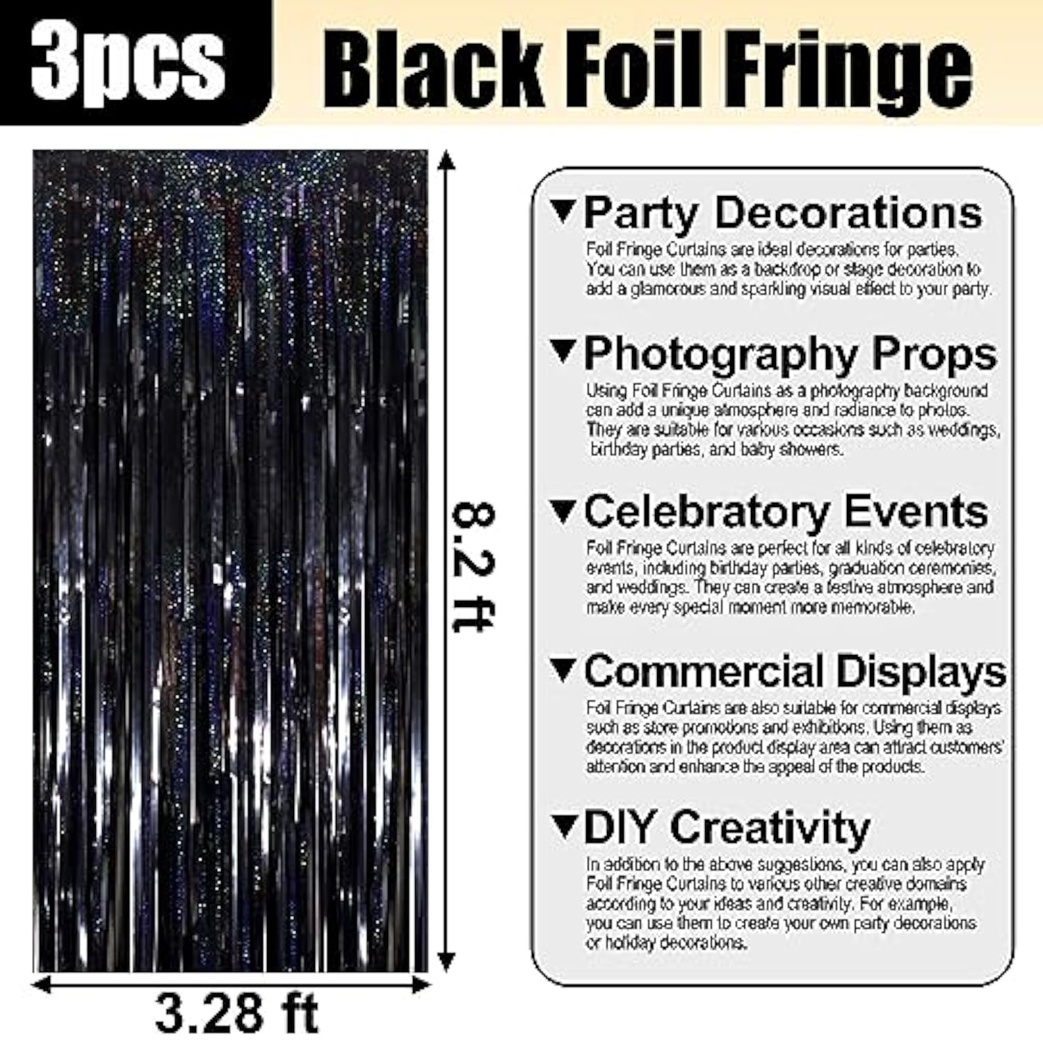 3 Pack Black Foil Fringe Curtains 3.28x8.2ft Backdrop Metallic Tinsel Party Decor
