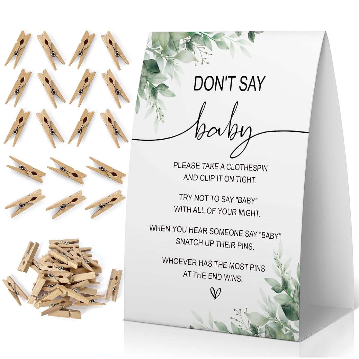 Don'T Say Baby Baby Shower Game, Greenery Baby Shower Decoration, Greenery Don'T Say Baby Sign, Fun Baby Shower Games, Clothespins For Baby Shower-Dsba17