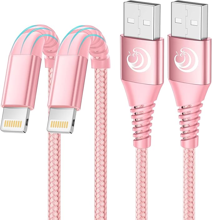 2 Pack 6FT Apple Certified USB A to Lightning Cable Braided Fast Charging Cord for iPhone 14 13 12 11 Pink
