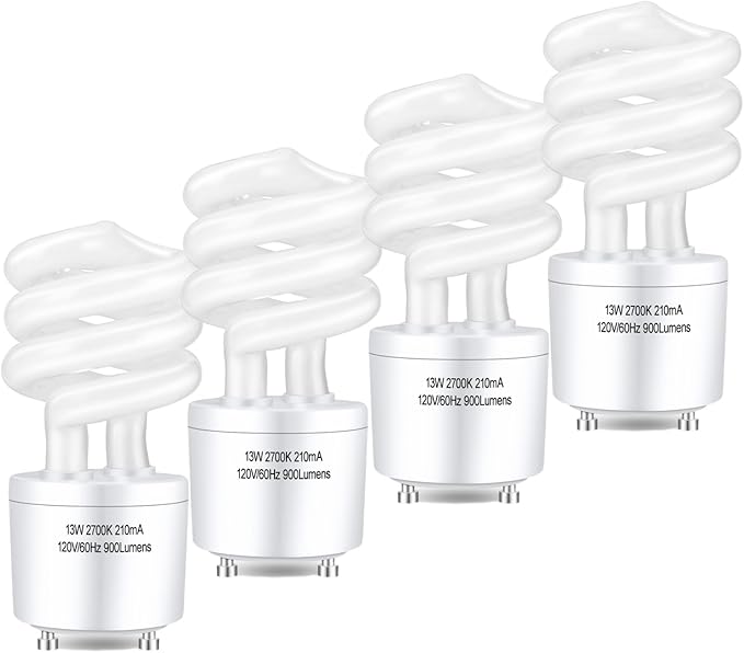 GU24 CFL Light Bulbs T3 Spiral 13W 60W Equivalent 2700K Soft White 900 Lumens UL Approved 4 Pack