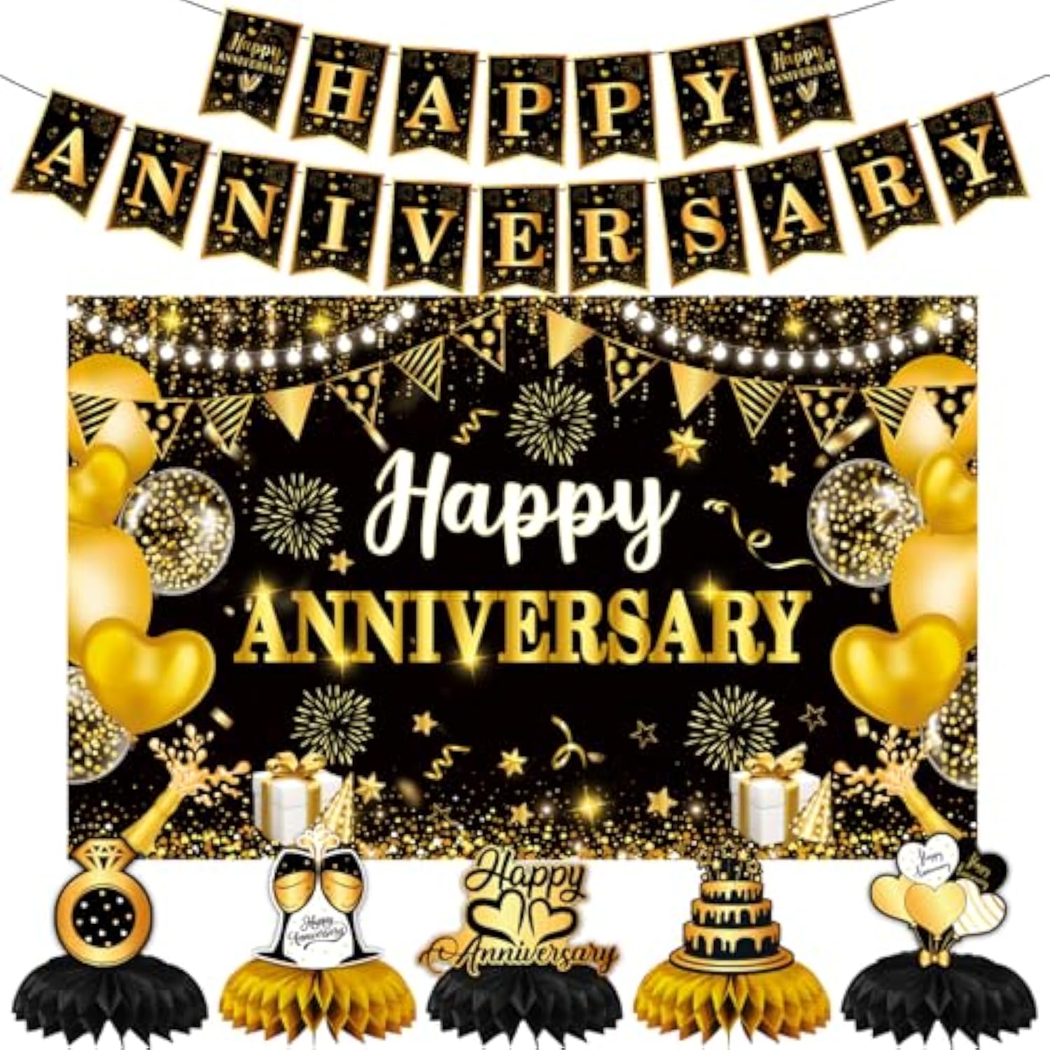 Happy Anniversary Decorations, Black And Gold Wedding Happy Anniversary Party Supplies - Happy Anniversary Banner,Backdrop 5.9 X 3.6Ft With 5Pcs Honeycomb Centerpiece Decor