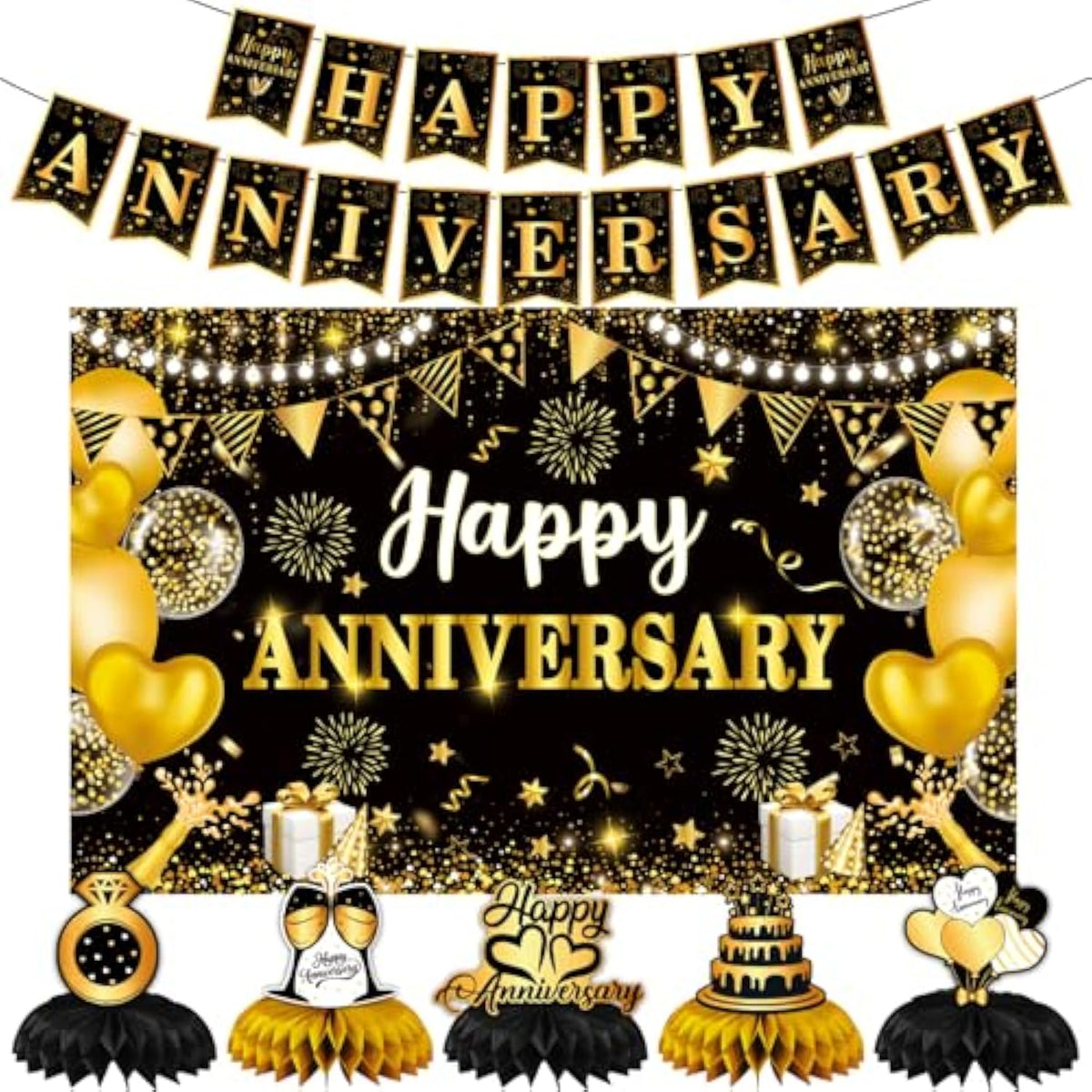 Happy Anniversary Decorations, Black And Gold Wedding Happy Anniversary Party Supplies - Happy Anniversary Banner,Backdrop 5.9 X 3.6Ft With 5Pcs Honeycomb Centerpiece Decor