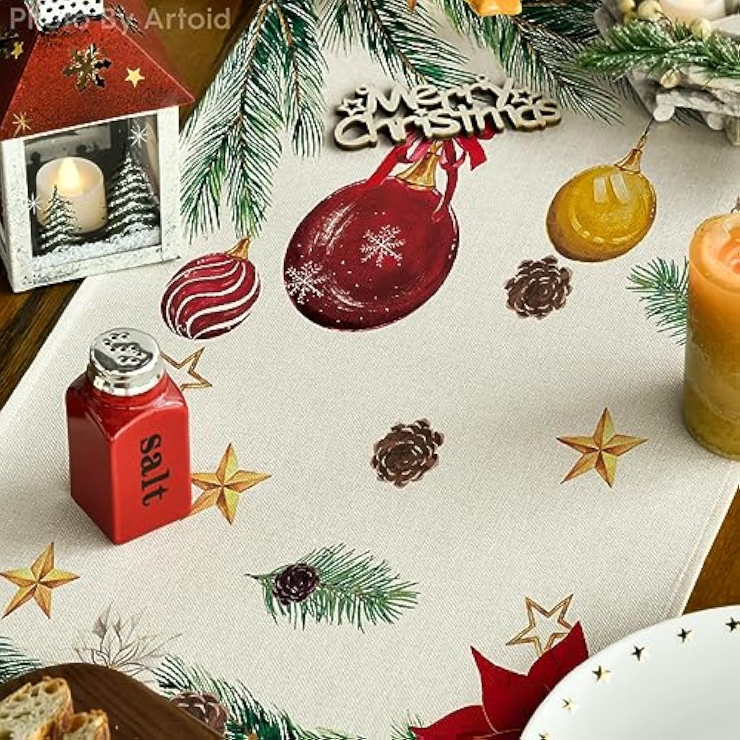 Joy To The World Xmas Balls Christmas Table Runner, Pine Cone Winter Holiday Kitchen Dining Table Decoration For Home Party Decor 13 X 72 Inch