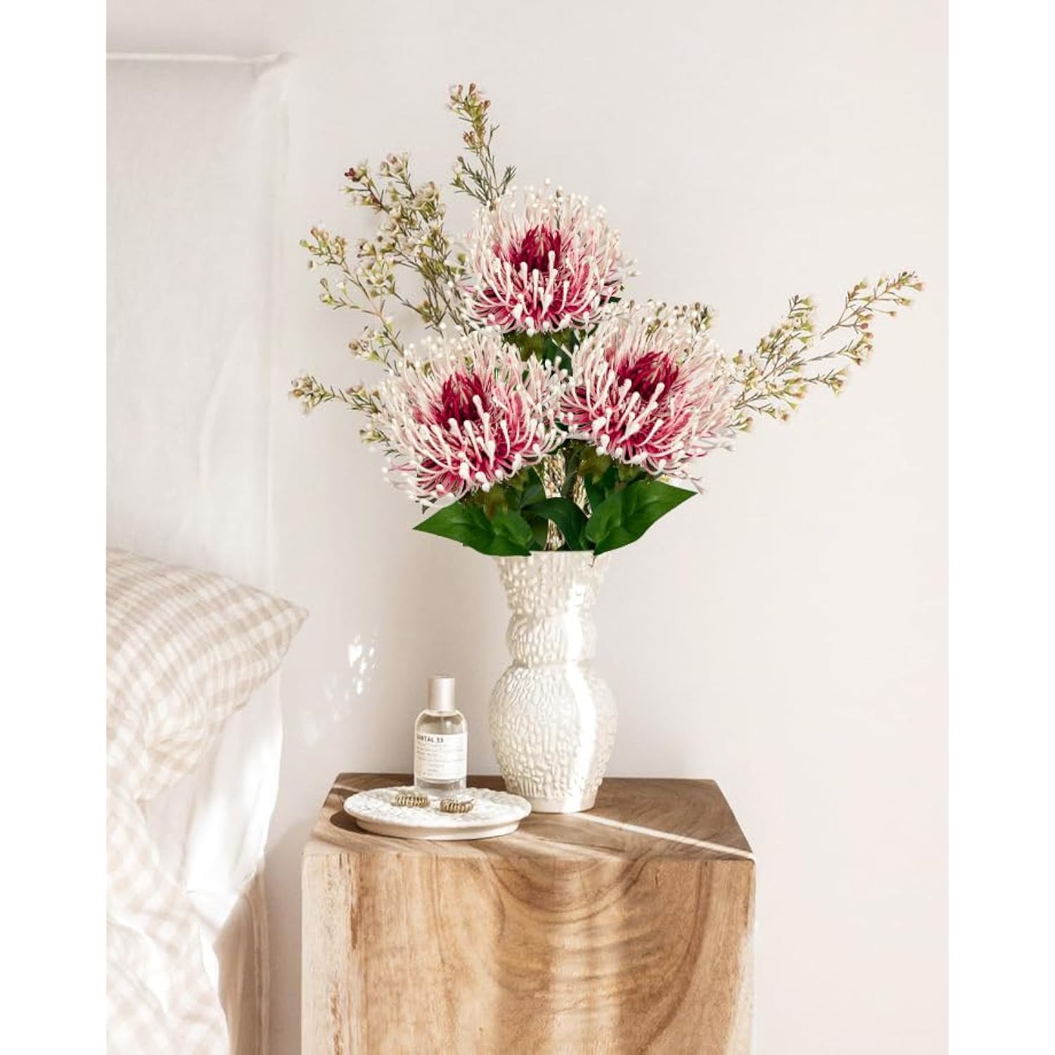 3Pcs Artificial Flowers Mums Spider Mum Flower 28.3'' Long Stem Fake Chrysanthemum Flowers Leucospermum Cordifolium Arrangement Faux Pincushion Flowers Bouquet For Home Decor Red & White