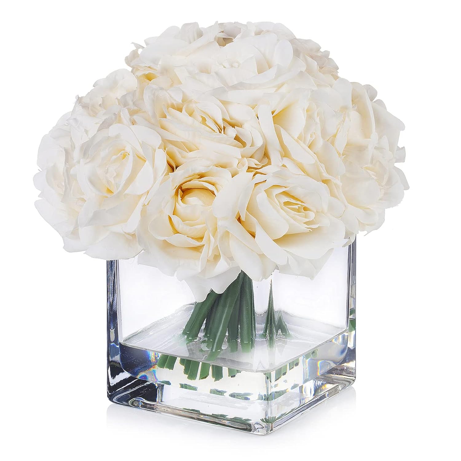18 Pieces Rose Artificial Flowers In Vase, Artificial Flowers Arrangements In Vase With Faux Water For Dining Table Decoration, Home Decor Indoor(Cream)