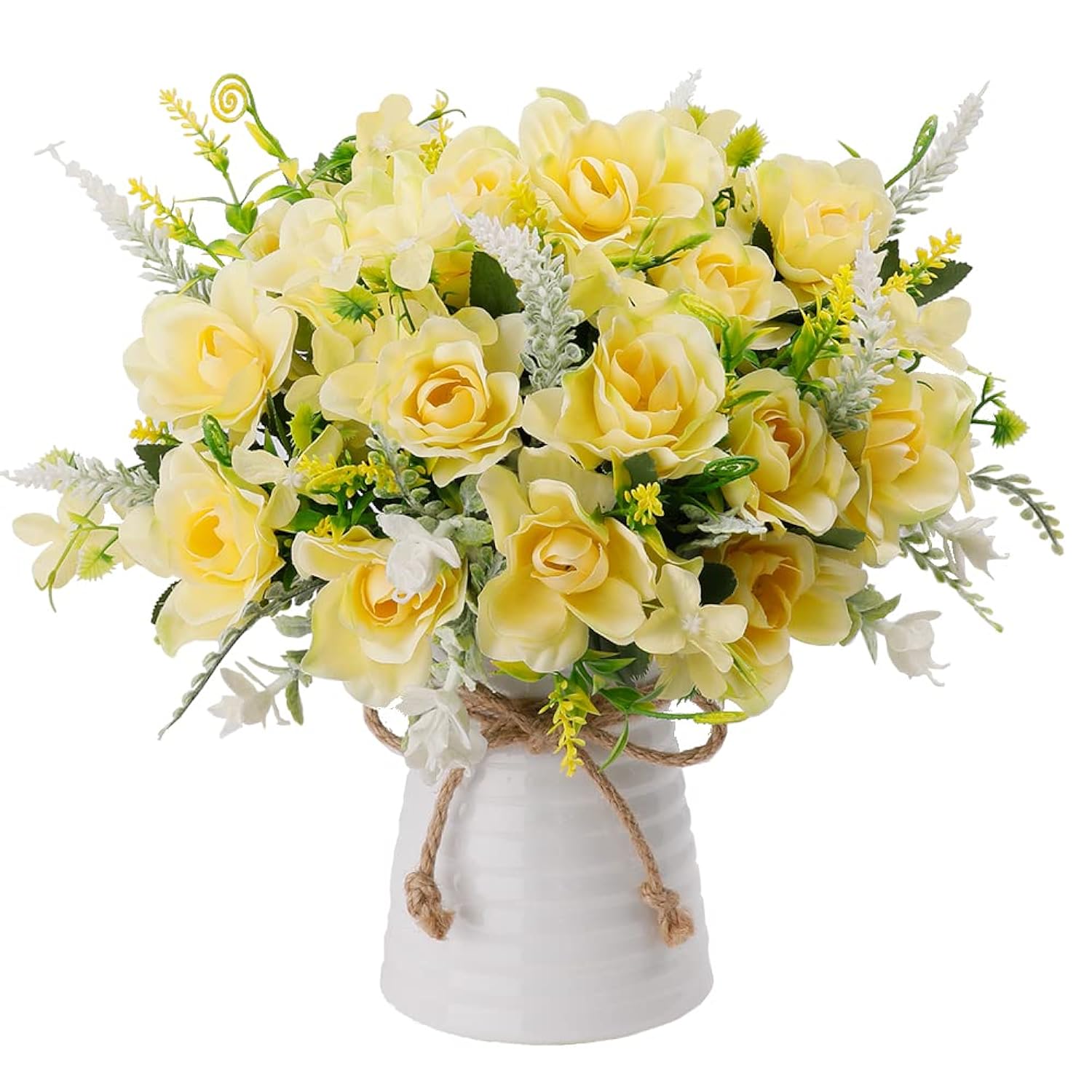 Artificial Flowers With Vase For Table Centerpieces,Fake Silk Gardenia Flower In Vase Decoration For Home Office Party (Champagne)