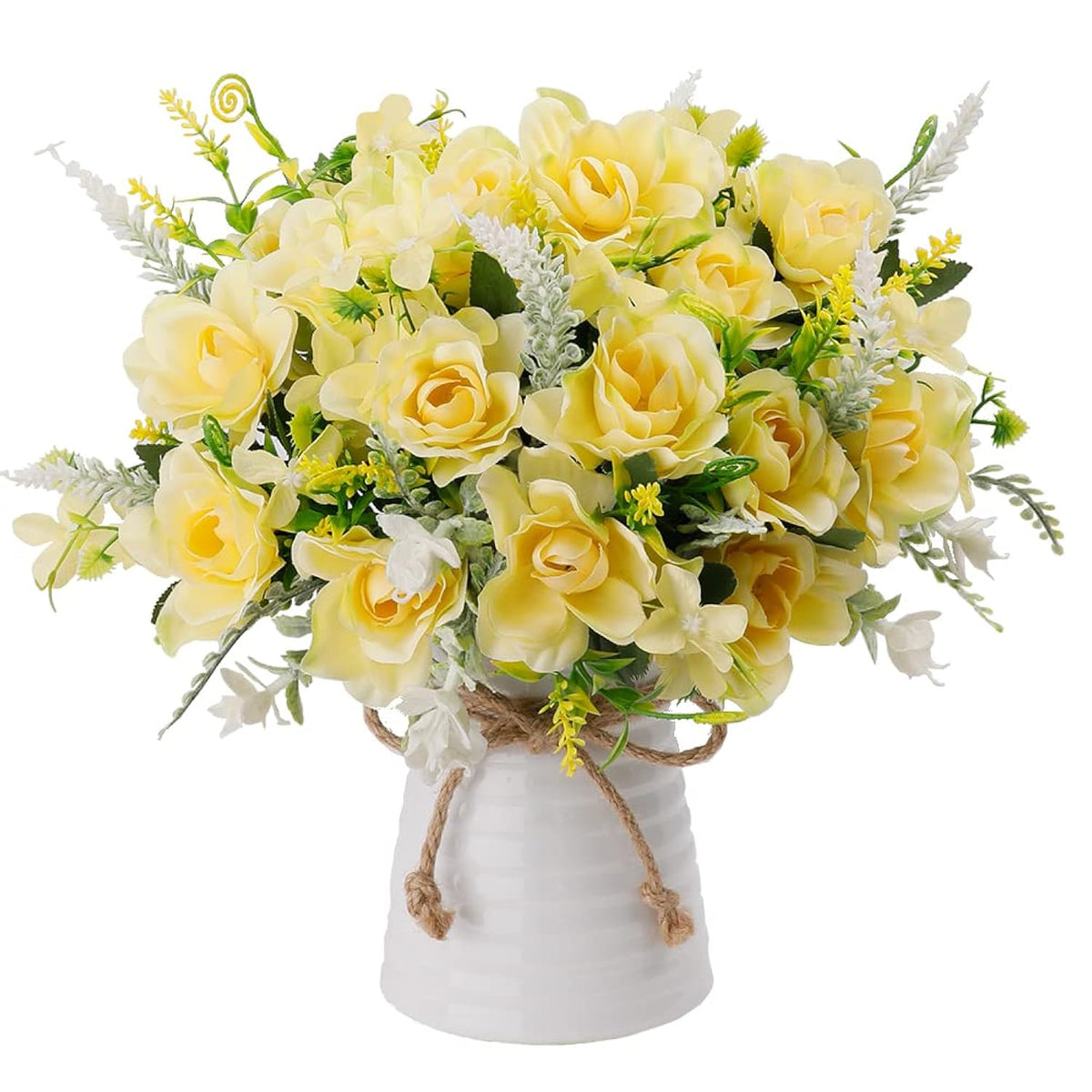 Artificial Flowers With Vase For Table Centerpieces,Fake Silk Gardenia Flower In Vase Decoration For Home Office Party (Champagne)