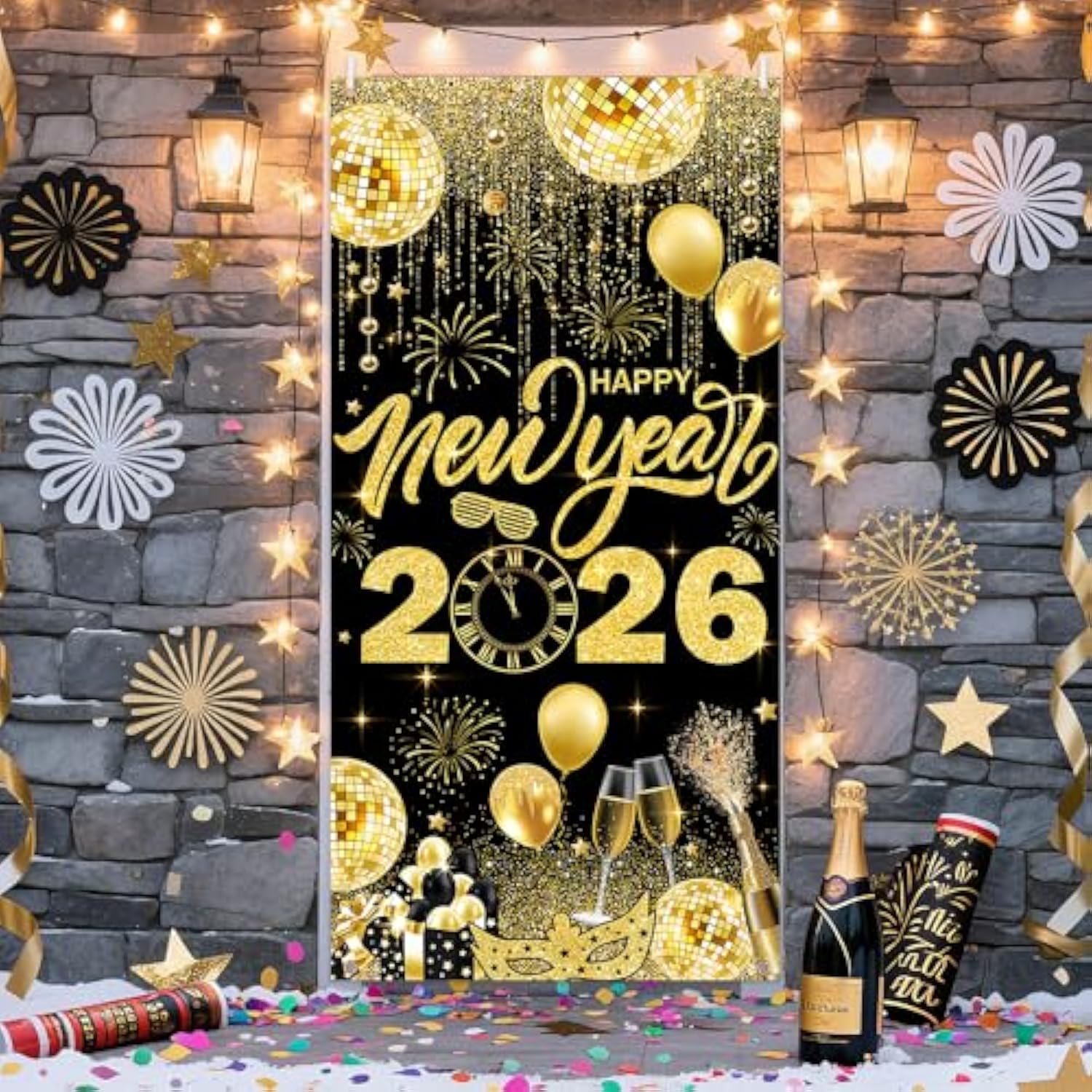 2026 Happy New Year Black & Gold Banner 35.4x70.8 Inch Party Backdrop