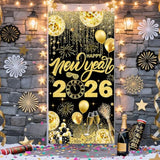 2026 Happy New Year Black & Gold Banner 35.4x70.8 Inch Party Backdrop