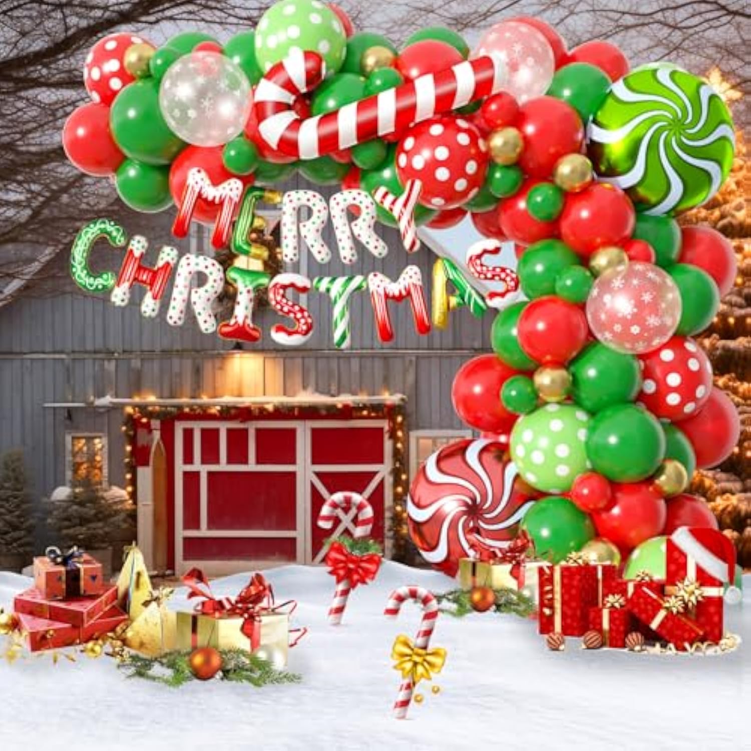 Christmas Balloon Arch, Christmas Balloon Garland Kit With Candy Cane Merry Christmas Foil Balloon Red Green Gold Latex Balloons Snowflake Printed For Xmas New Year Lollipop Party Decorations
