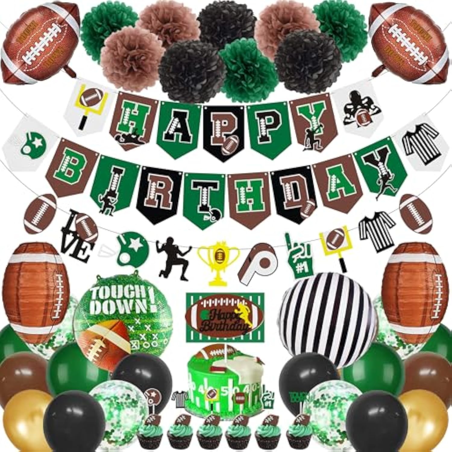 Superbowl Party Decorations Football Birthday Decorations Sports Party Supplies Set (Birthday Banner Paper Pom Poms Cake Toppers Lanterns Balloons) (Football-01)