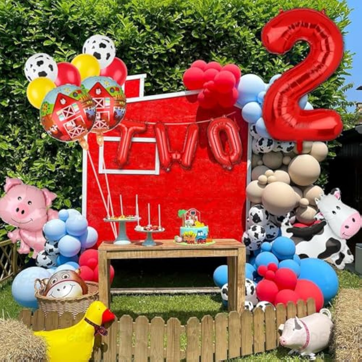 Farm Animal Theme 2Nd Birthday Party Decor - 14 Pcs Walking Animal Balloons, Cow, Pig, Duck, Rooster, Large Number 2 Balloon, Two Letter Banner
