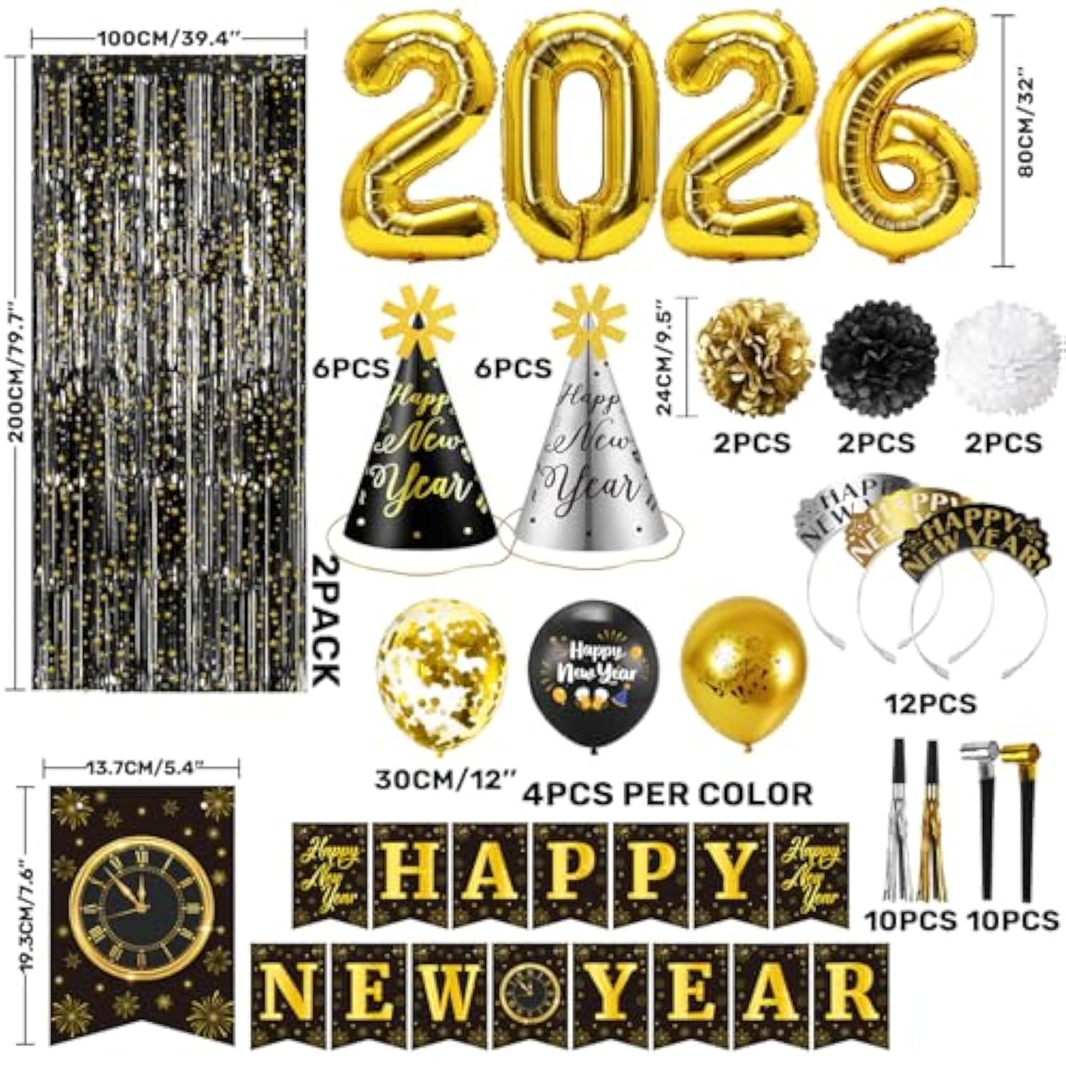 2026 New Year’s Eve Party Kit Banner Pom Poms Hats Tiaras Balloons Fringe