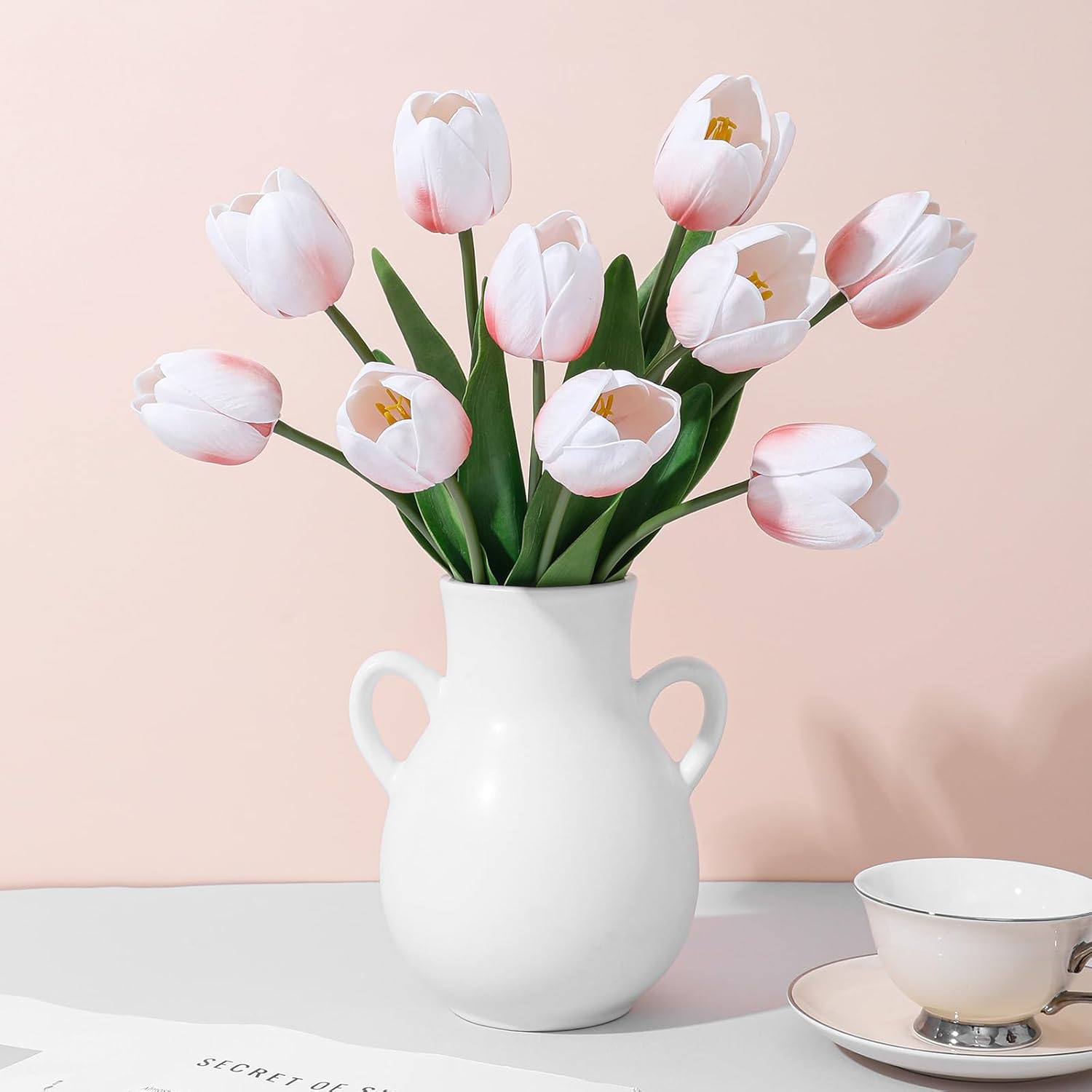 Blush Pink Fake Tulips,18.5" Pu Artificial Real Touch Flowers For Spring Easter Home Kitchen Wedding Bouquet Bulk Mother'S Gift Day Decorations