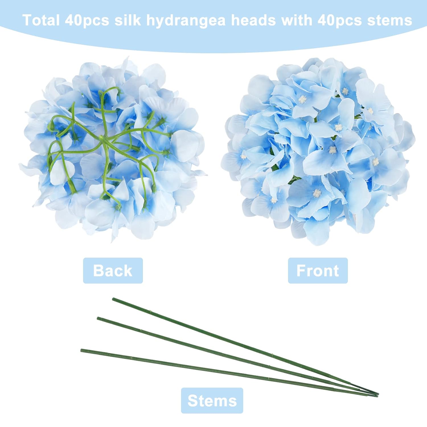 40Pcs Artificial Hydrangea Silk Flower Heads With Stems, Fake Flowers For Wedding Centerpiece Home Garden Party Decoration (Blue)