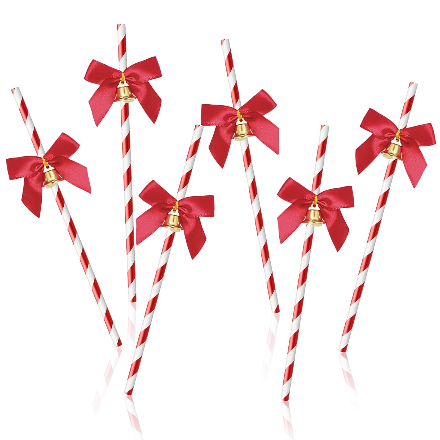 Christmas Paper Straws With Bell Foil Red White Stripe Disposable Paper Straws Merry Christmas Drinking Straws For Christmas Party Supplies Wedding Xmas Birthday Decoration, 50Pcs