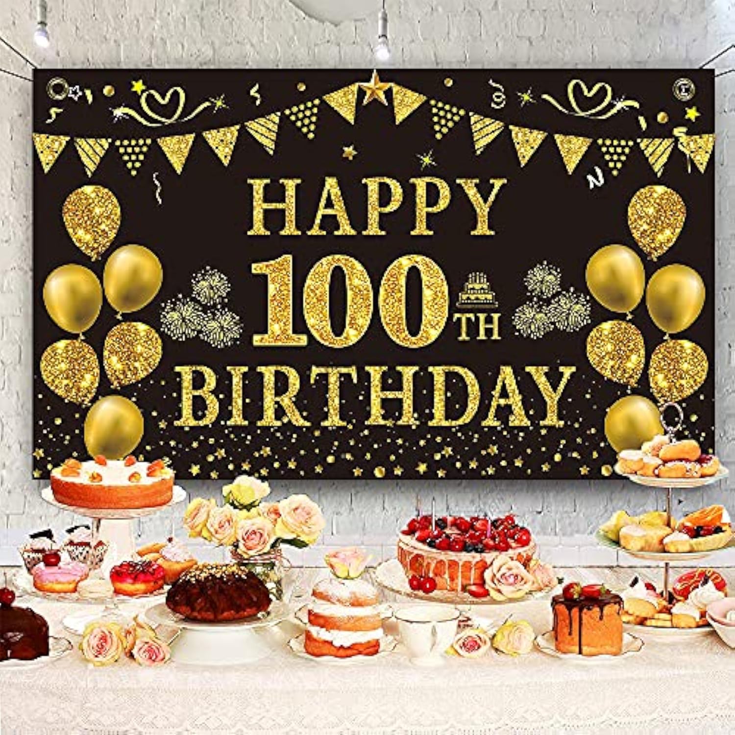 100Th Birthday Decorations - Black & Gold 100Th Birthday Backdrop Banner, 5.9 X 3.6 Ft, Party Supplies