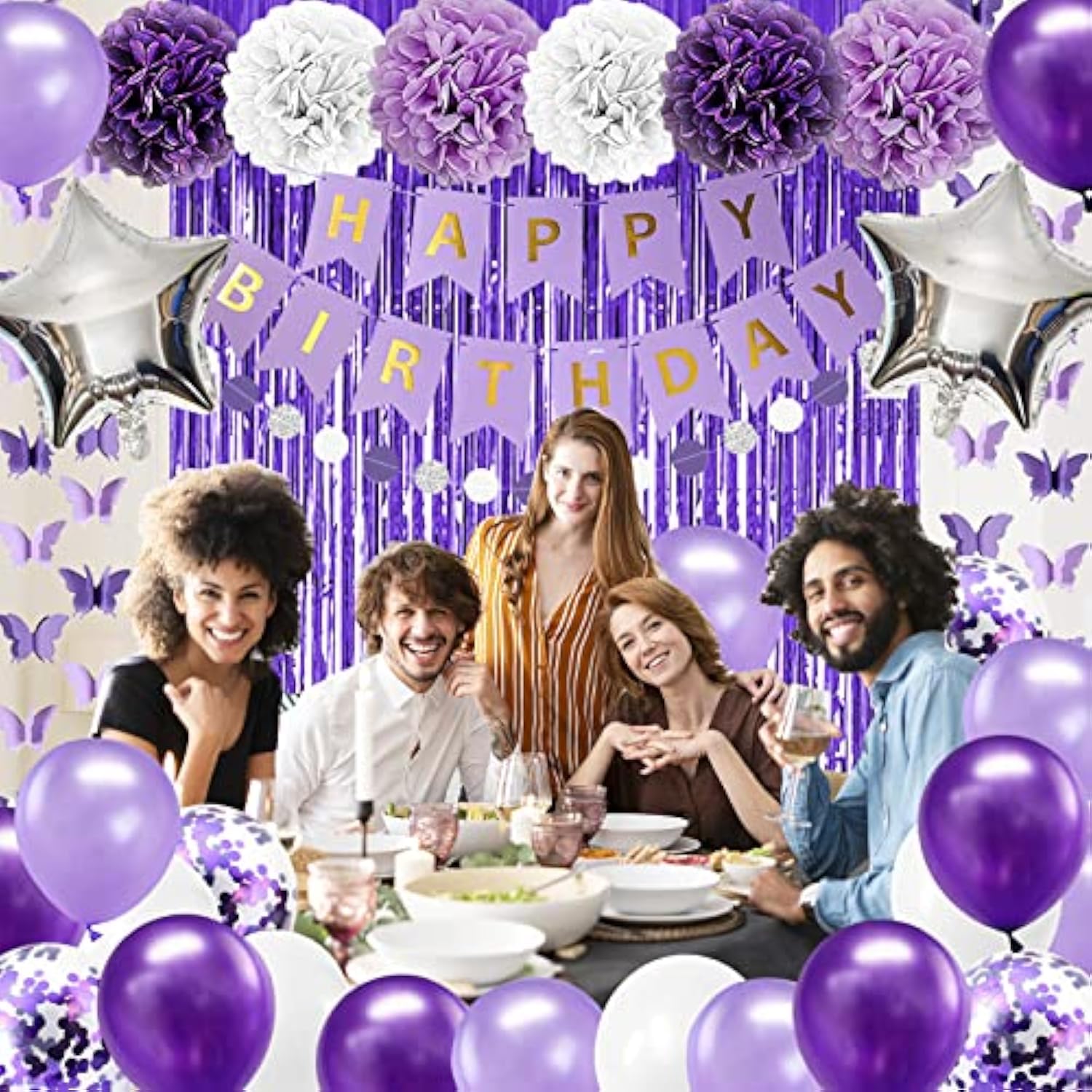 Purple Birthday Decorations For Women Girls Butterfly Hanging Garland Purple And White Silver Lavender Party Decorations Set With Happy Birthday Banner Foil Background Pompom Flower