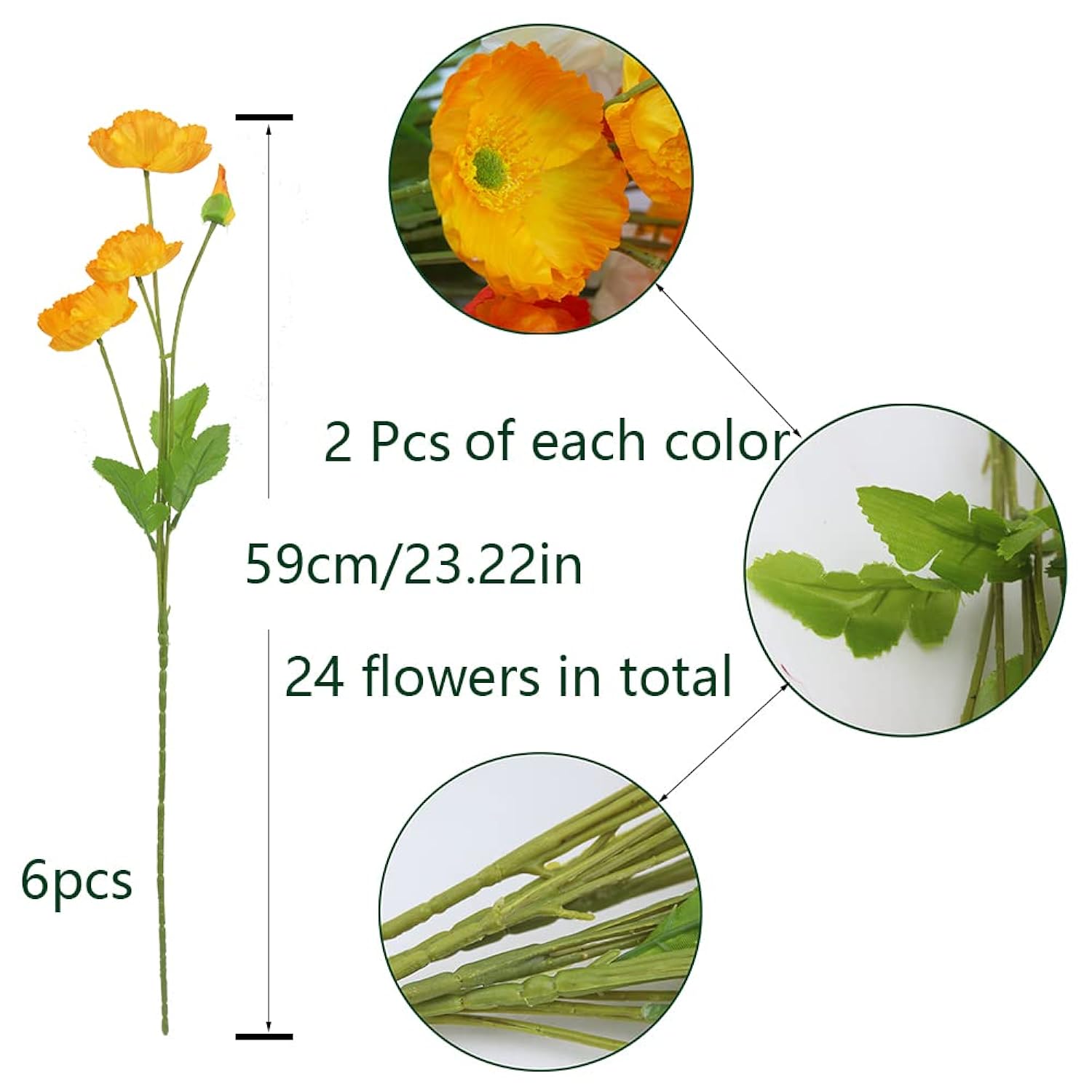 6 Pcs Artificial Poppy Flowers Silk Flower Poppy With Stems Real Touch Faux Poppy Spring Flowers For Home Kitchen Wedding Decorations Floral Arrangement Table Centerpiece