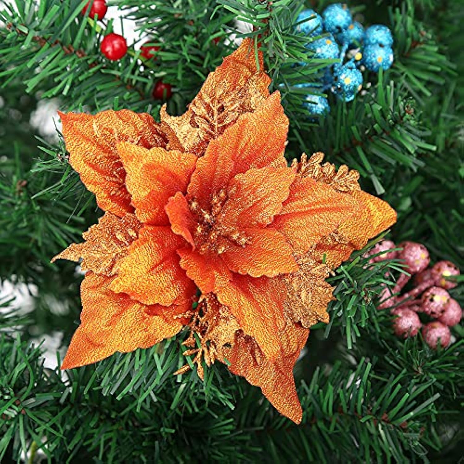 12Pcs Glitter Christmas Poinsettia Flowers 7 Inch Large Artificial Flower Ornament For Xmas Tree Wedding Birthday Festival Holiday Party Home Decoration (Orange)