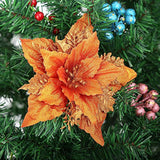 12Pcs Glitter Christmas Poinsettia Flowers 7 Inch Large Artificial Flower Ornament For Xmas Tree Wedding Birthday Festival Holiday Party Home Decoration (Orange)