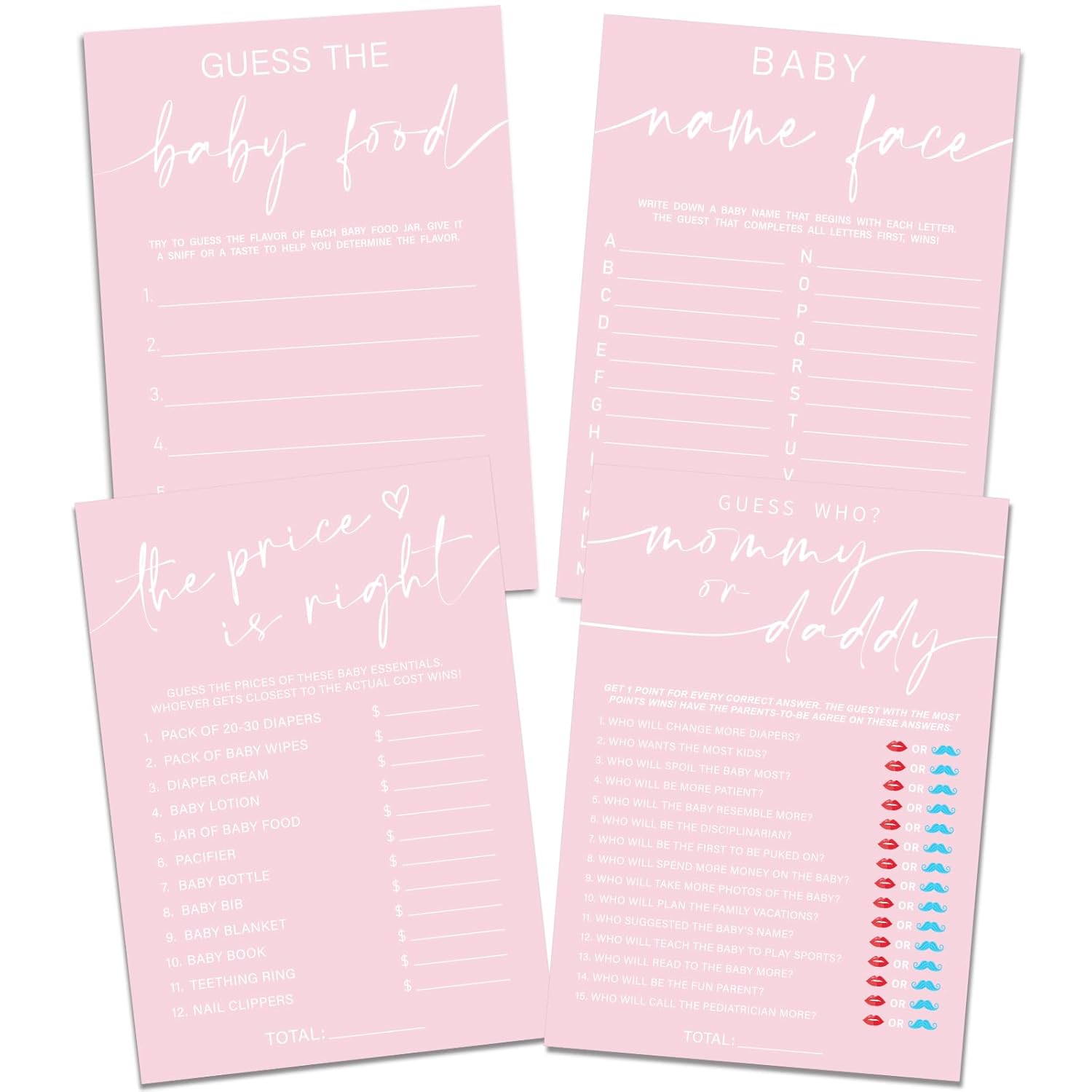 Baby Shower Games For Girl – Set Of 4 Funny Baby Shower Games For 30 Guests, Guess Who Mommy Or Daddy, Price Is Right, Name Face, Guess The Baby Food Fun Baby Shower Game Double-Sided Cards