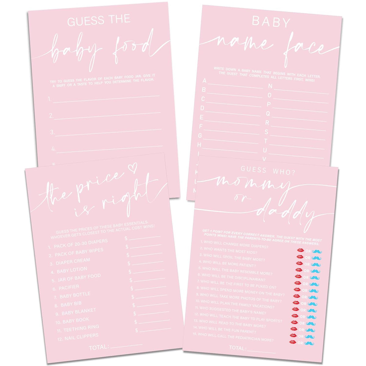Baby Shower Games For Girl – Set Of 4 Funny Baby Shower Games For 30 Guests, Guess Who Mommy Or Daddy, Price Is Right, Name Face, Guess The Baby Food Fun Baby Shower Game Double-Sided Cards