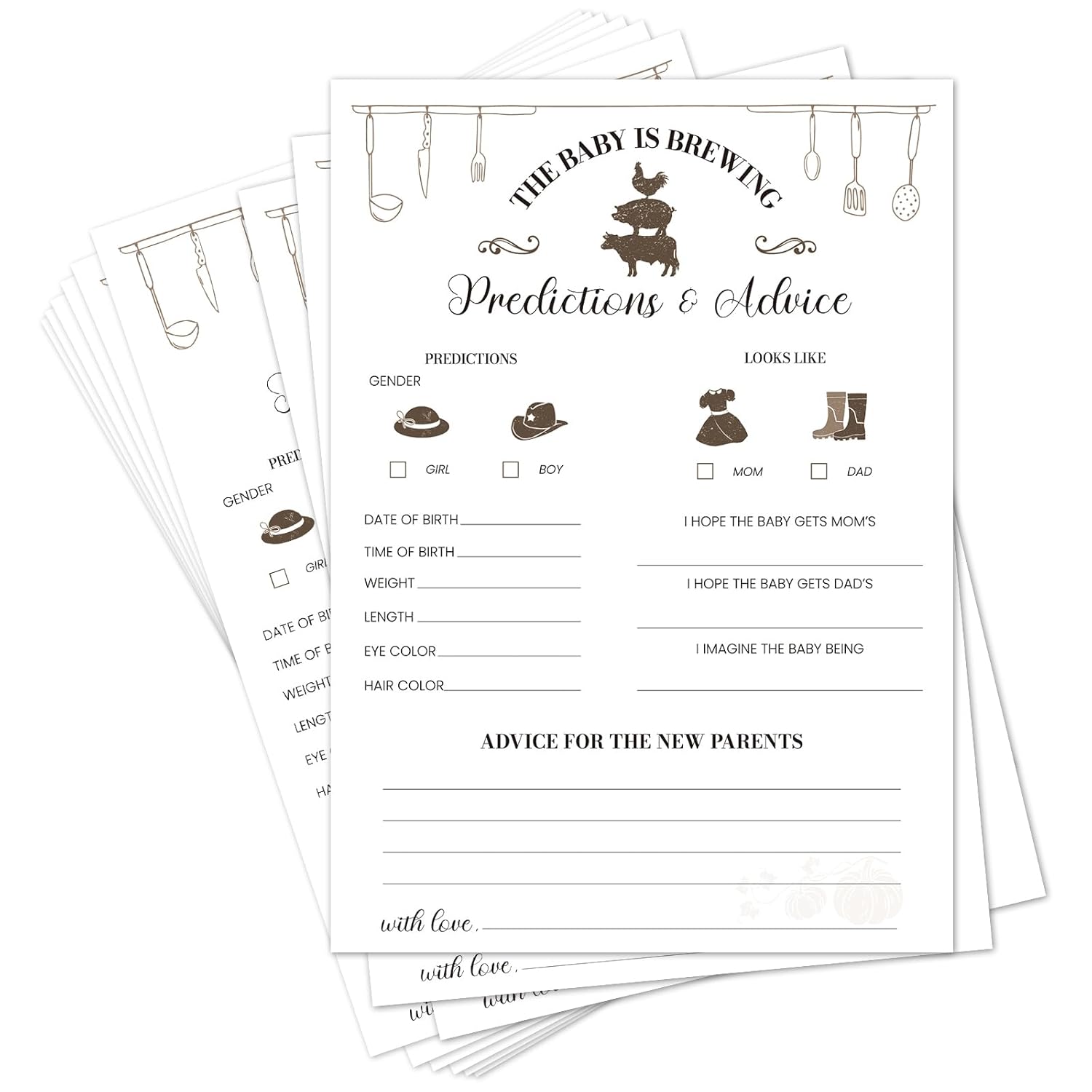 Farmyard Fun Baby Prediction Cards For New Parents, Advice And Wishes – 50 Rustic Gender Neutral Baby Shower Games For Boys And Girls - 5X7 Inch