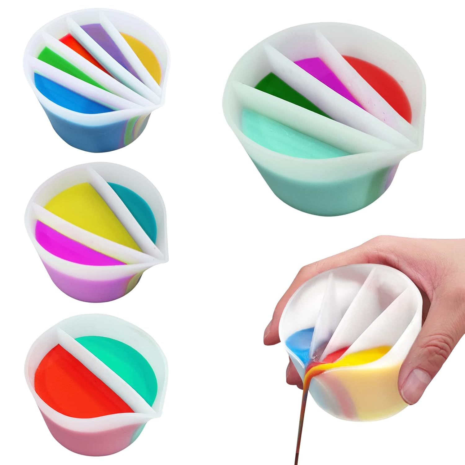 Split Cup For Paint Pouring Fluid Art Silicone Split Cup Resin Pouring Painting Tools Diy Making Drawing Accessories Reusable Split Cup With Dividers (4 Channels)