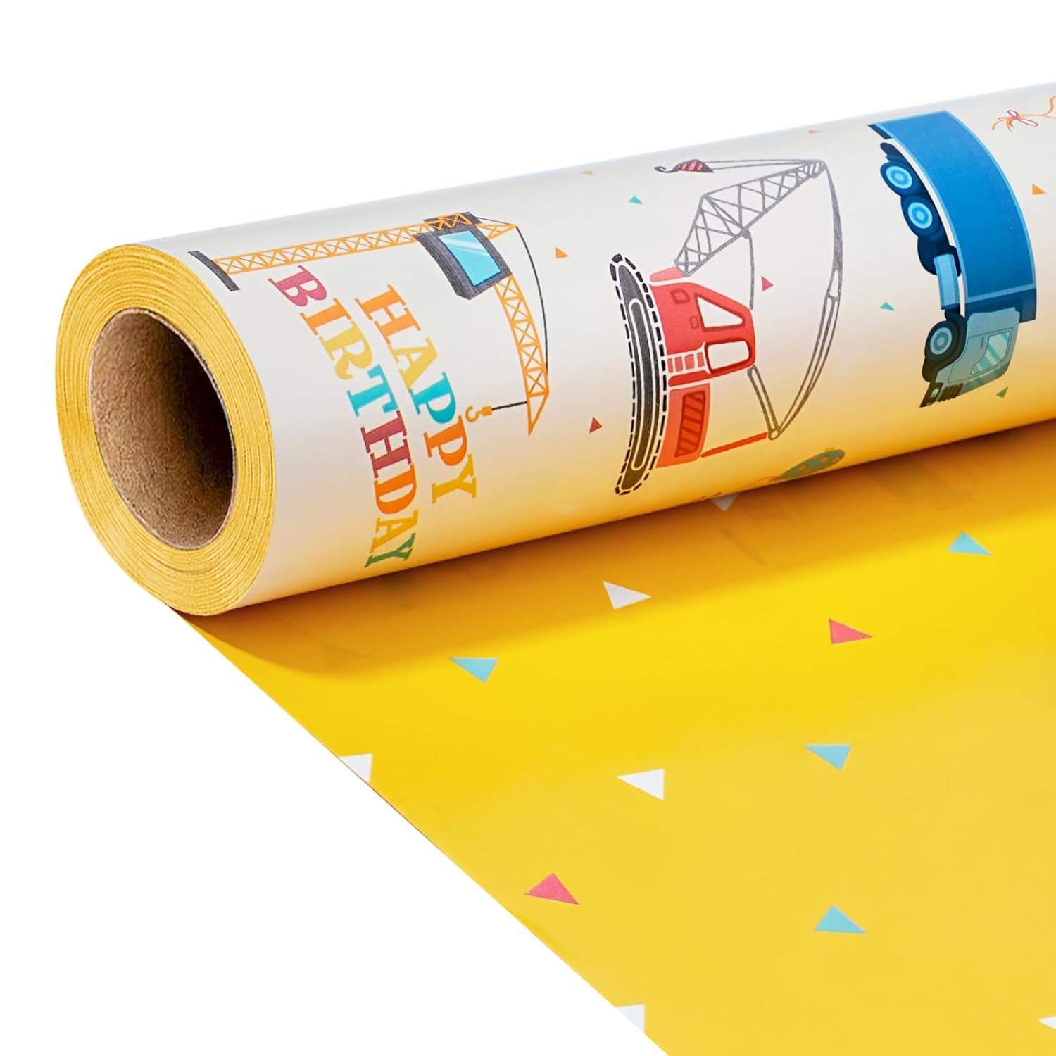 Reversible Construction Wrapping Paper Roll - 17 Inches X 33 Feet (47 Sq. Ft. Ttl.) Happy Birthday, Trucks, Balloons Design For Birthday, Baby Shower, Party, Holiday, Boys Girls Kids