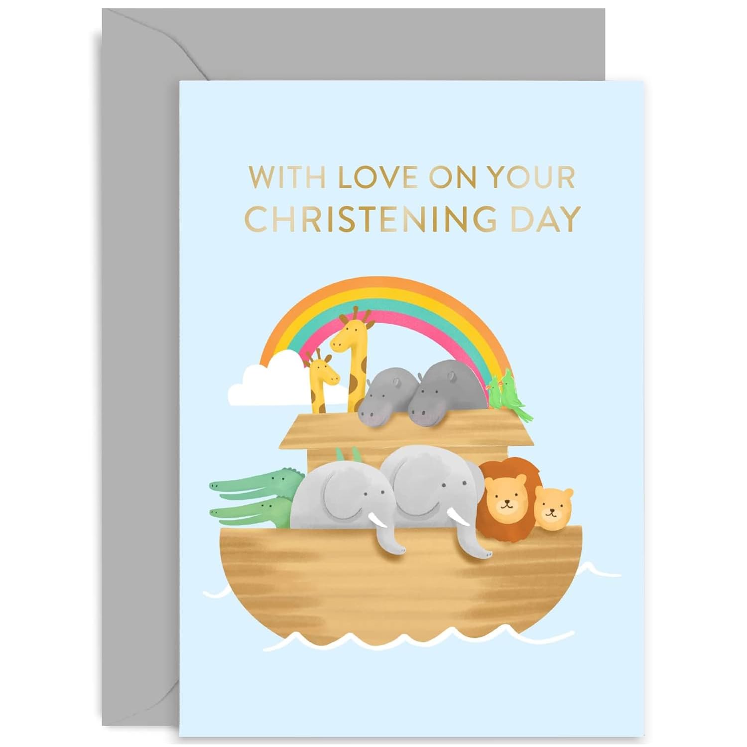 Old English Co. Noah'S Ark Christening Day Card For Boy Or Girl - Cute Animal Christening Card For Godson, Godaughter, Niece, Nephew, Grandchild | Blank Inside With Envelope