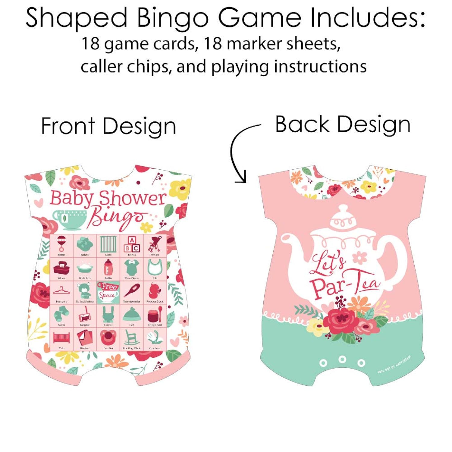Big Dot of Happiness Floral Let’s Par-Tea - Picture Bingo Cards and Markers - Garden Tea Party Baby Shower Shaped Bingo Game - Set of 18