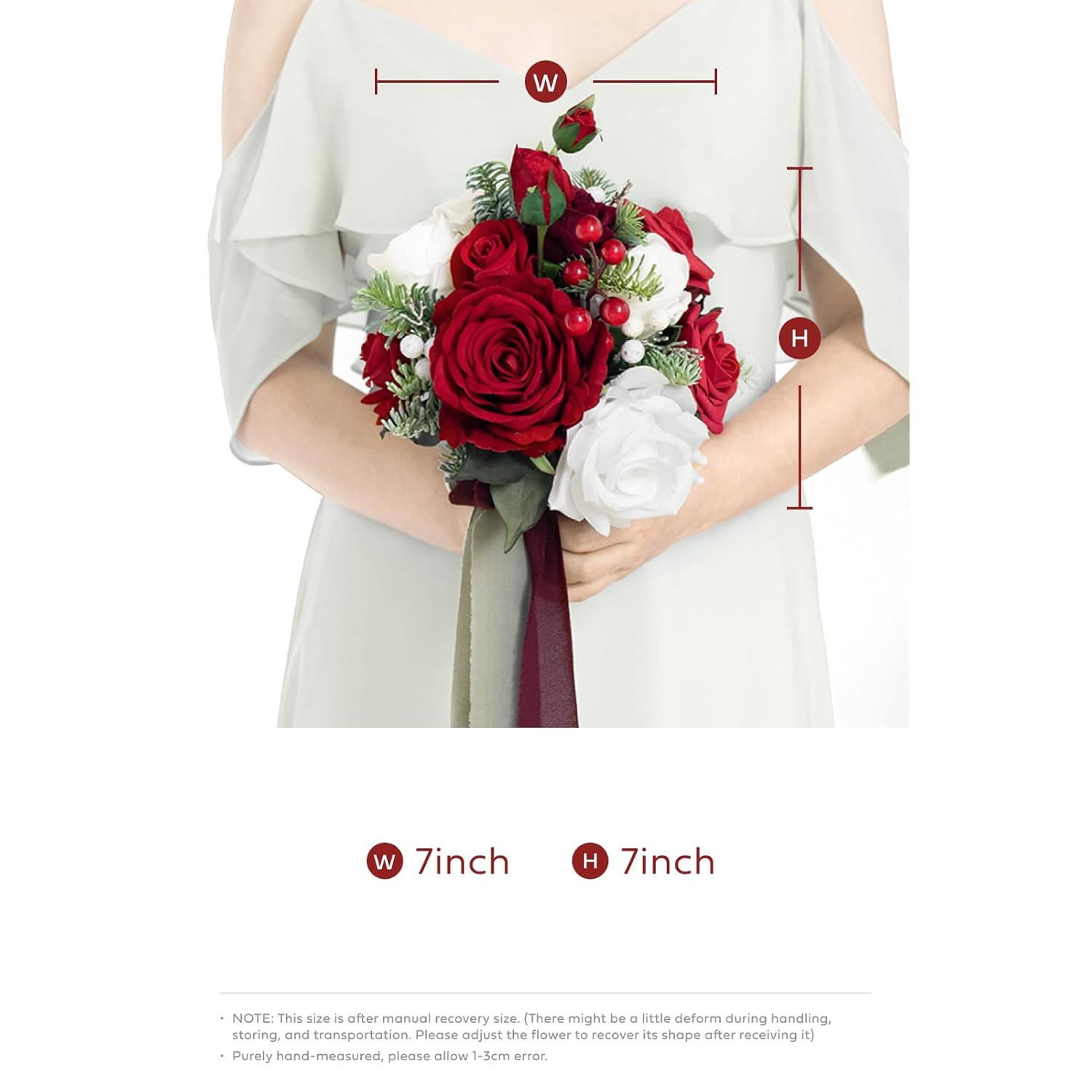 Artificial Bridesmaid Bouquets Set Of 4,Red Wedding Flower Bouquets Floral Bouquet Christmas Bridal Bouquets With Ribbon,Ceremony,Anniversary,7-Inch Diameter