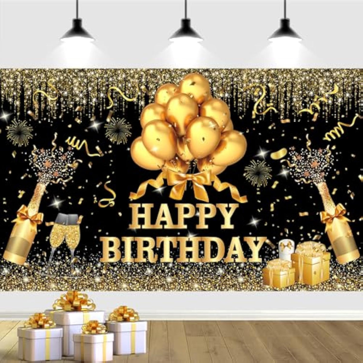 Glitter Black and Gold Happy Birthday Backdrop 180x120 cm for Party Photos