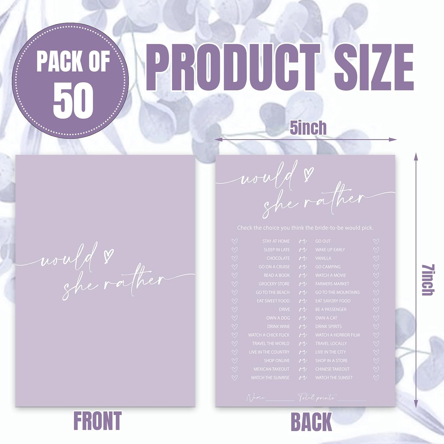50 Sheets Purple Bridal Shower Game Cards Double Sided Party Game Activity Cards For Would She Rather Wedding Bridal Shower Bachelorette Party Games Supplies